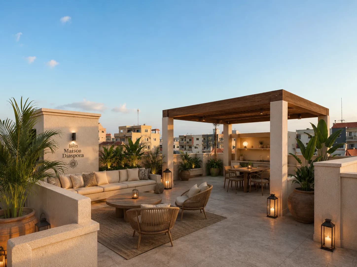 Toiture-terrasse au coucher du soleil avec vue sur Dakar